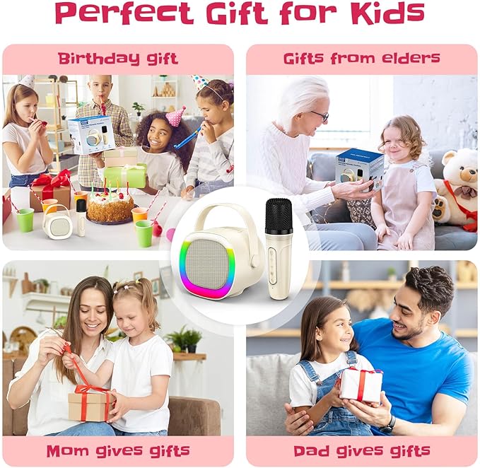 LENRUE Karaoke Machine for Kids, Birthday Gifts for Girls Boys Teens with Wireless Microphone, Colored Lights, Trendy Stuff Gifts for 3, 4, 5, 6, 7, 8, 9, 10 +Year Old (Beige 1 Mic) LENRUE