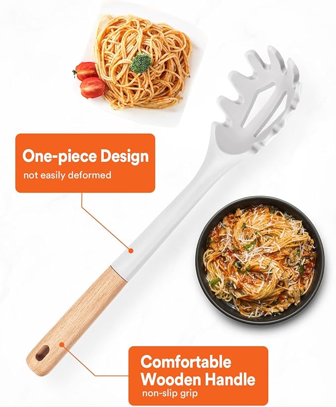 Silicone Pasta Fork, Kitchen Heat Resistant Noodle Spoon Server, BPA Free Spaghetti Strainer,12.8 inch (WHITE) BADIANO