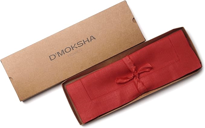 D'Moksha Homes Linen Placemats Set of 4 - Classic Hemstitch Bright Red Placemats 14 x 19 Inch - 100% Pure Linen Table Mats for Fall, Autumn and Halloween - Handcrafted and Machine Washable DMokshaHomes