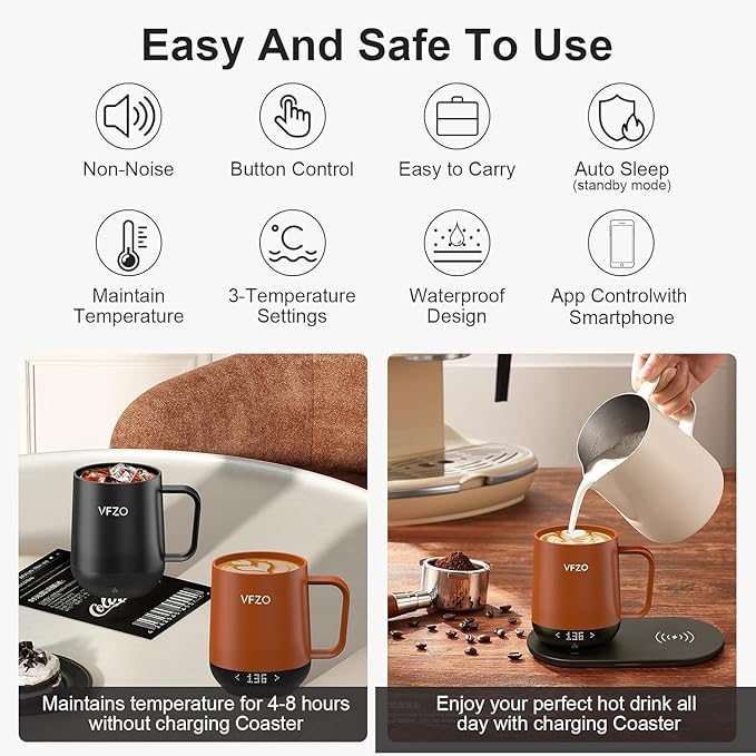 Temperature Control Smart Mug, Self Heating Coffee Mug LED Display, 180 Min Battery Life - Hot up to 149℉ Fast Wireless Charger Base Improved Design coffee serving sets (12oz, Orange) VFZO