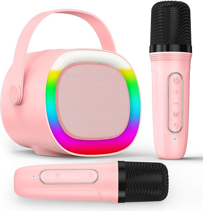 LENRUE Karaoke Machine for Kids, Birthday Gifts for Girls Boys Teens with Wireless Microphone, Colored Lights, Trendy Stuff Gifts for 3, 4, 5, 6, 7, 8, 9, 10 +Year Old (ProPink 2Mic) LENRUE