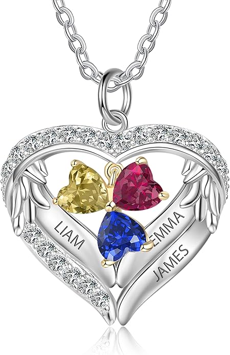 GLAMCARAT Personalized sterling silver pendant necklace with birthstone and name mothers jewelry heart shaped necklace for her birthstone necklace GLAMCARAT
