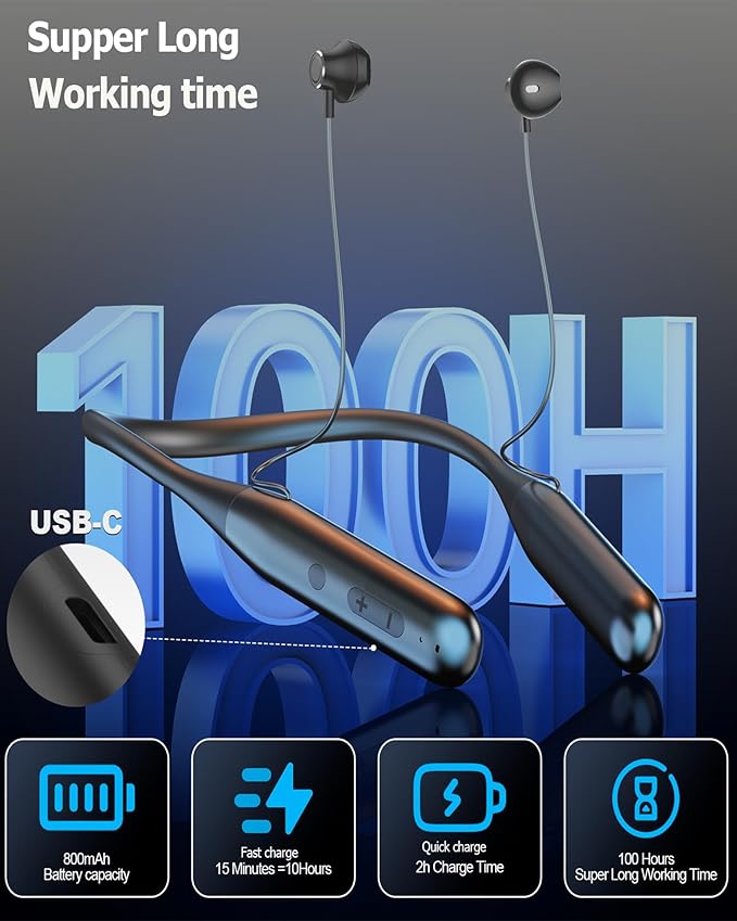 ZXQ Wireless Bluetooth Neckband Headphones 100 Hours Long Playtime,Around The Neck Bluetooth Earbuds with Microphone,Waterproof Sport Earphone,Over The Neck Headset with Storage Case ZXQ