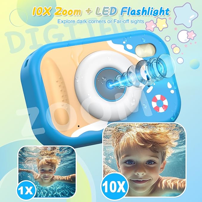 Kids Waterproof Camera, 1080P HD Underwater Digital Camera for Kids Aged 3-12, IP68 Swimming & Snorkeling Toy, ABS Plastic, 32GB Card, Birthday Gift for Children Boys Girls, Blue Kick Boosters
