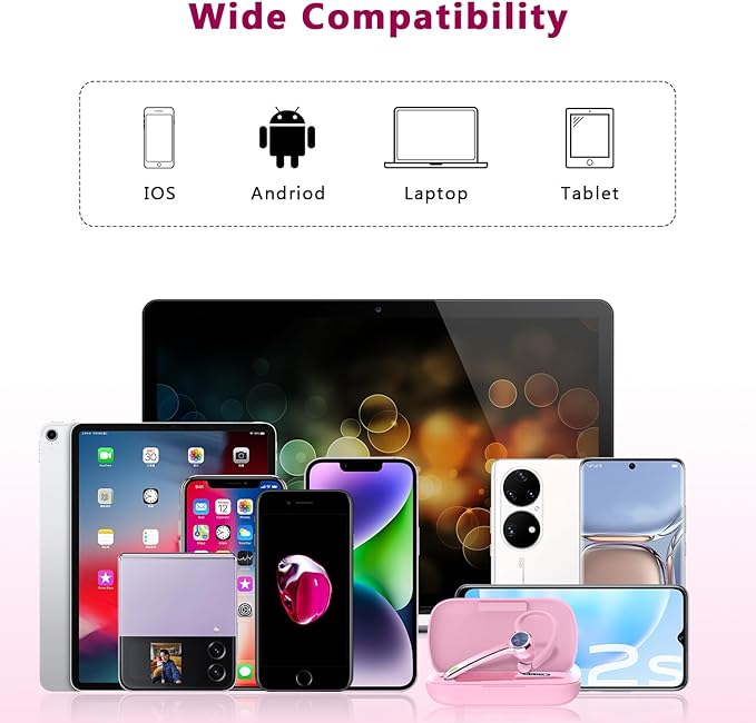 HEIBAS Bluetooth Headset, Wireless Bluetooth Earpiece with 500mAh Charging Case 72 Hours Talking Time Built-in Microphone for iOS Android Cell Phone, V5.1 Hand-Free Headphones for Trucker, Office-Pink HEIBAS