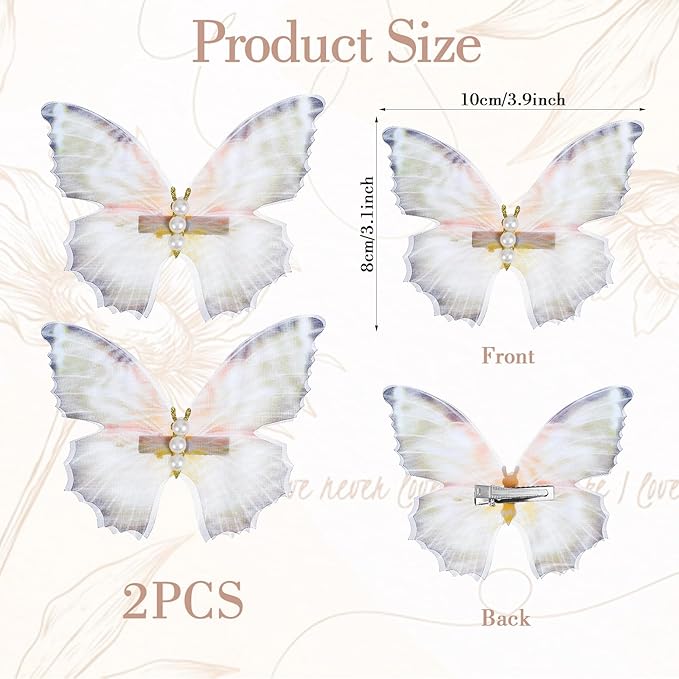 2Pcs Butterfly Hair Clips, Pearl Double Mesh Butterfly Clips, Moving Wings Butterflies Hair Barrette, Strong Hold Metal Butterflies Hairs Clip Fairy Accessories for Women Girls Kick Boosters