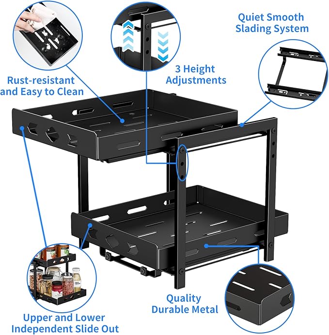 Pull Out Spice Racks for Inside Cabinets, 2-Tier Cabinet Spice Rack, Height Adjustable Spice Rack Organizer for Cabinet, Kitchen Vertical Spice Rack (9.7''Wx10.8''Dx9.2''H, Metal Black) BOIVSHI