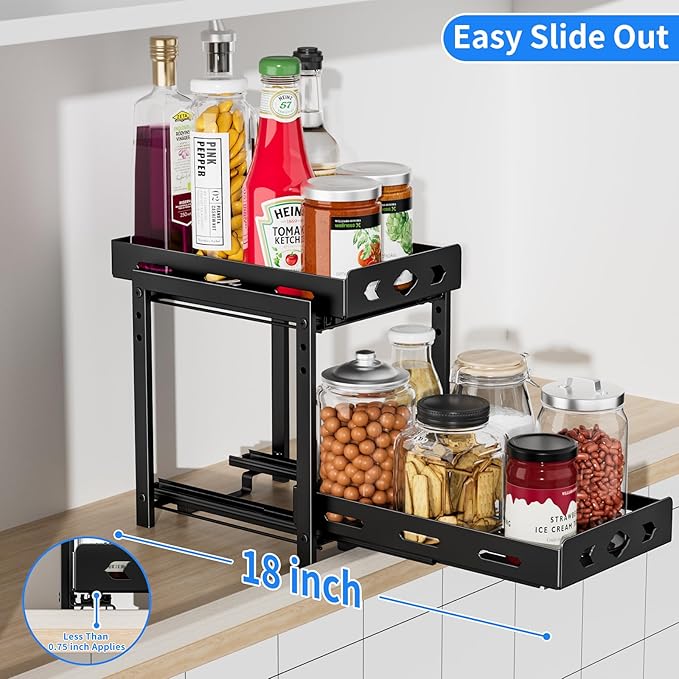 Pull Out Spice Racks for Inside Cabinets, 2-Tier Cabinet Spice Rack Organizer, Height Adjustable Vertical Spice Rack for Kitchen Cabinet (7.5''Wx10.8''Dx9.2''H, Metal Black) BOIVSHI
