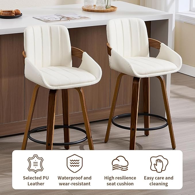 Bar Stools Set of 3, 26" Counter Height Swivel Stools with Back, Walnut Wood Frame, PU Leather, Built-in Footrest, Modern Kitchen Island Chairs – Easy Assembly & Sturdy Design - White VipDesk