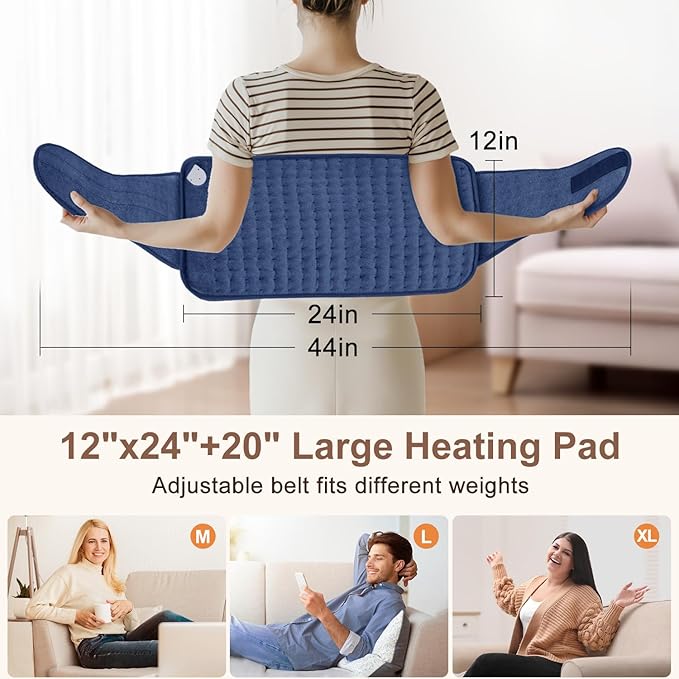 Heating Pad for Back Pain Relief, 12"x24"+20" Large Electric Heating Pad for Period Cramps Neck Shoulders with Belt, 4 Timer 6 Heat Setting & Auto Shut Off, Moist Heat Pad for Women (Blue) IGXHAVIZ