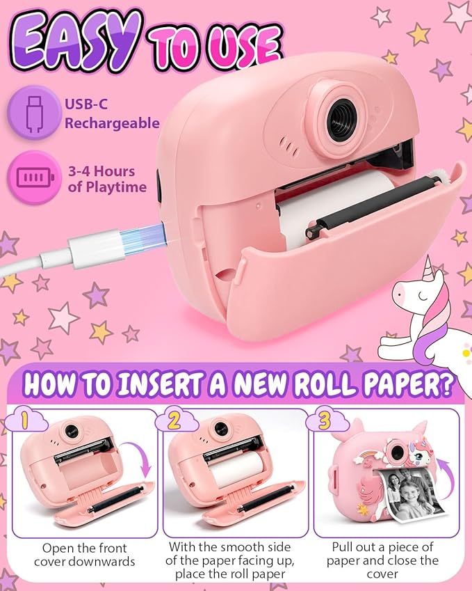 Kids Camera Instant Print, 1080P Kids Instant Cameras with Photo Printing and Fun Learning, Christmas Stuffers Birthday Gifts for Girls Age 3-12, Portable Toy for 3 4 5 6 7 8 9 10 Girls Boys, Pink Kick Boosters