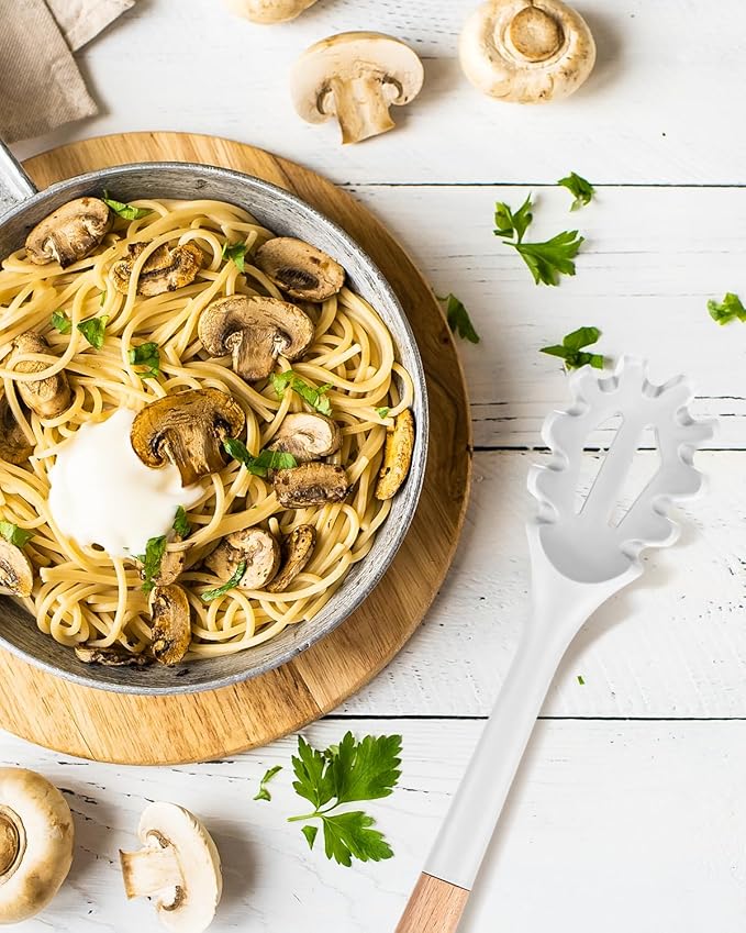 Silicone Pasta Fork, Kitchen Heat Resistant Noodle Spoon Server, BPA Free Spaghetti Strainer,12.8 inch (WHITE) BADIANO