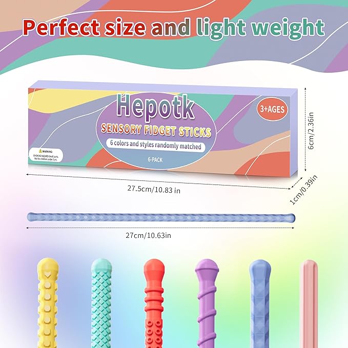 Hepotk Sensory Fidget Sticks - 6PCS Silicone Fidget Toy Pack with Mixed Textures, Random Colors & Styles | Stress Relief Toys for Autistic Kids 3+ & Adults | Must-Have for Travel, School & Home