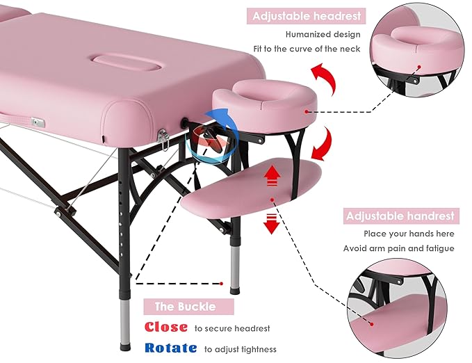 CLORIS 84" Professional Massage Table Portable 2 Folding Lightweight Facial Salon Spa Tattoo Bed Height Adjustable with Carrying Bag & Aluminium Leg Hold Up to 1100LBS Pink CLORIS-Direct