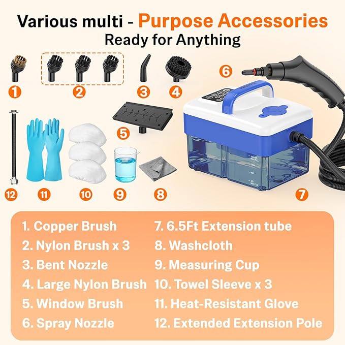 2500W Handheld Steam Cleaner with 16pcs Accessories & 1.6L Tank, Fast Heating & High Temperature Portable Steam Cleaner for Car, Kitchen, Home, Steamer for Cleaning Windows, Grout, Upholstery and More PmoYoKoWaterQualityExperts
