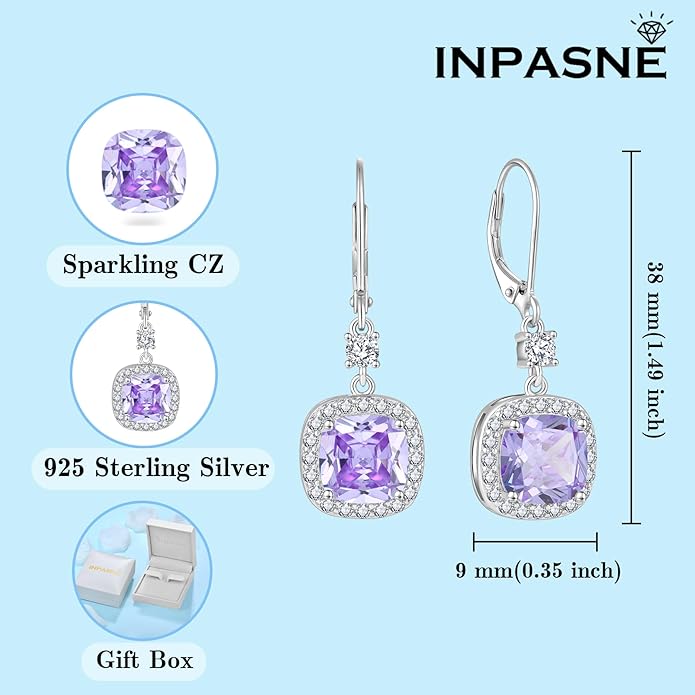 Women Leverback Earrings 925 Sterling Silver Princess Cut Halo Earrings Birthstone Dangle Drop Earrings for Women Her Mom Wife INPASNE