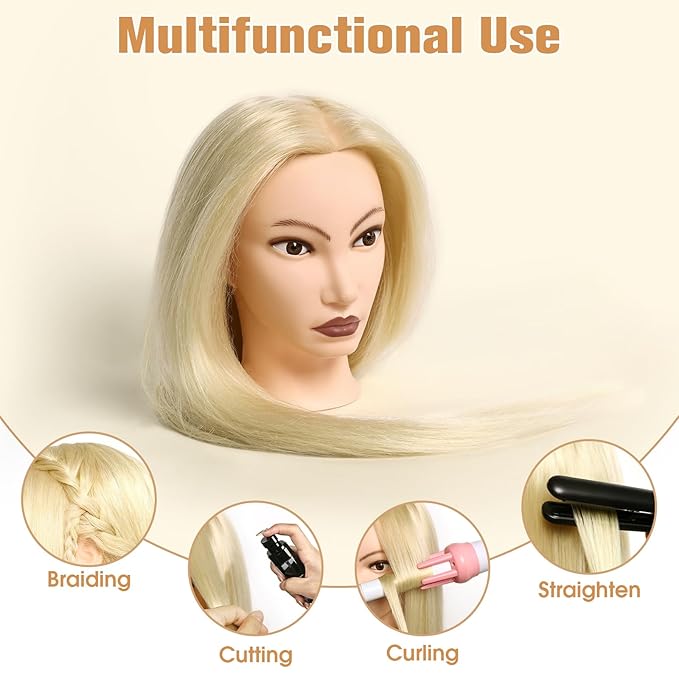 MYSWEETY Mannequin Head Human Hair, 26" Cosmetology Mannequin Head with 80% Human Hair, Doll Head for Hair Styling with Clamp Holder and Tools (White) MYSWEETY