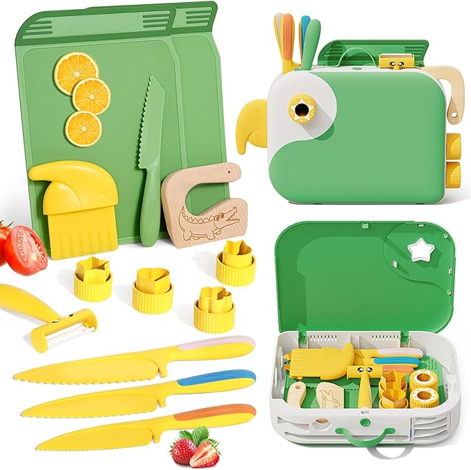Montessori Kitchen Tools for Toddlers,Kids Knife for Real Cooking,Toddlers Knife Set with Storage Box Kids Safe Knives Children Cutting Set for Girl Boy,Montessori Toys for Kitchen Set -Green Lullulii