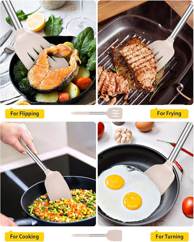 Pack of 2 Silicone Solid Turner, Non Stick Slotted Kitchen Spatulas, High Heat Resistant BPA Free Cooking Utensils, Ideal Cookware for Fish, Eggs, Pancakes(Stainless Steel Khaki) BUNDLEPRO