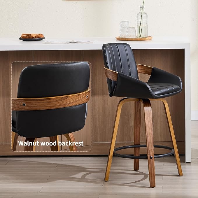Swivel Bar Stools Set of 2, 26" Counter Height Bar Stools with Back and Arms, Faux Leather Modern Upholstered Bar Chairs with Walnut Frame for Kitchen Island Bar - Black VipDesk
