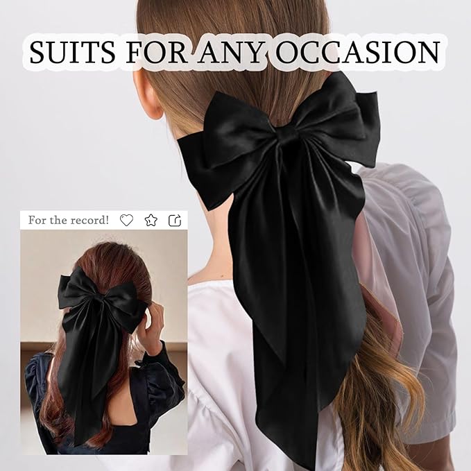 Large Blcak Satin Hair Bows Hair Ribbon Barrettes Cute for Girls with Long Tails Women's Hair Accessories Gifts (black) Egowry
