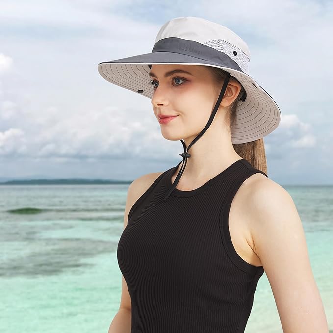 NPQQUAN Ponytail Sun Bucket Hats for Women Men Wide Brim UPF 50+ Fishing & Beach Hats NPQQUAN