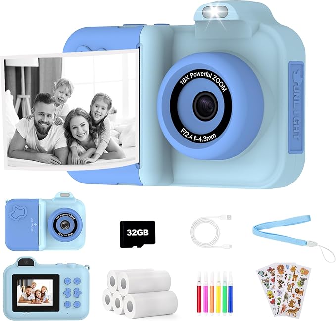 Kids Camera Instant Print, 1080P HD Dual-Lens Selfie,Toddler Digital Camera with 5 Rolls Paper & 32GB Card, Children Christmas Birthday Gifts Toys for Age 3 4 5 6 7 8 9 10 11 12 Years Old Girls Boys xuweicn
