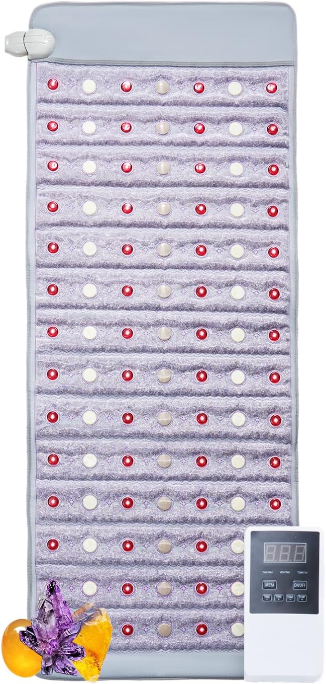 VEVOR Far Infrared Heating Pad, Amethyst Heating Pad with Jade & Tourmaline Stones, 660nm Photon Light & Negative Ions, 103-159℉ Hot Gemstone Mat with 0-12 Hours Timer for Waist Shoulder (60" x 24") VEVOR