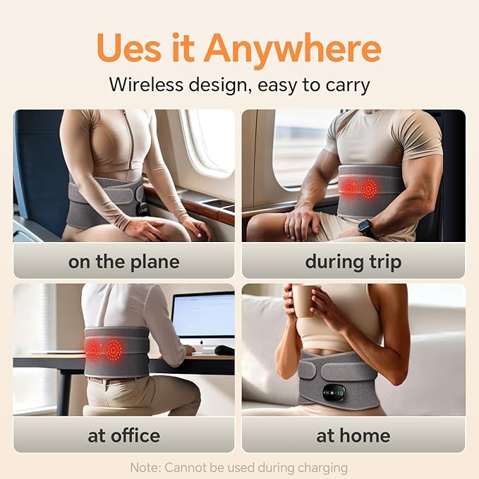 Heating Pad for Back, Lumbar Massager, Heated Waist Belt Wrap, Lower Back Pad with Heat Vibration 3 Levels Adjustable, 180 mins Battery, Cordless Portable, Touchscreen Control RelaxationMadeSimple