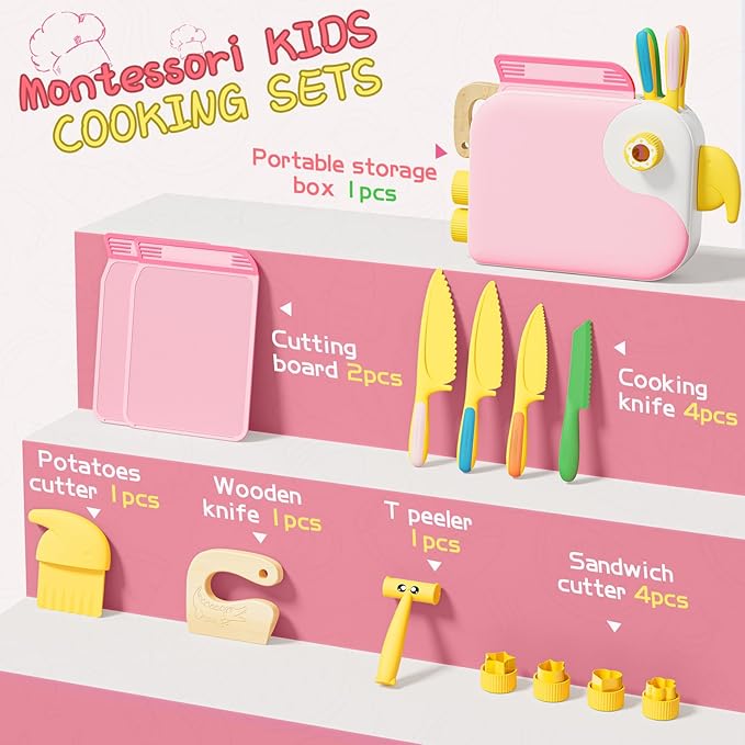 Montessori Kitchen Tools for Toddlers,Kids Knife for Real Cooking,Toddlers Knife Set with Storage Box Kids Safe Knives Children Cutting Set and Peeler,Montessori Toys for Kitchen Set -Pink Lullulii