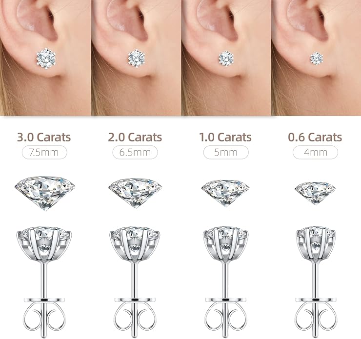 Earrings for Women, Gifts for Wife Mom, 0.6 carat-3 carat Moissanite Stud Earrings, Anniversary Jewelry Present for Wife, Birthday Gifts WelcometoONLYLIKE