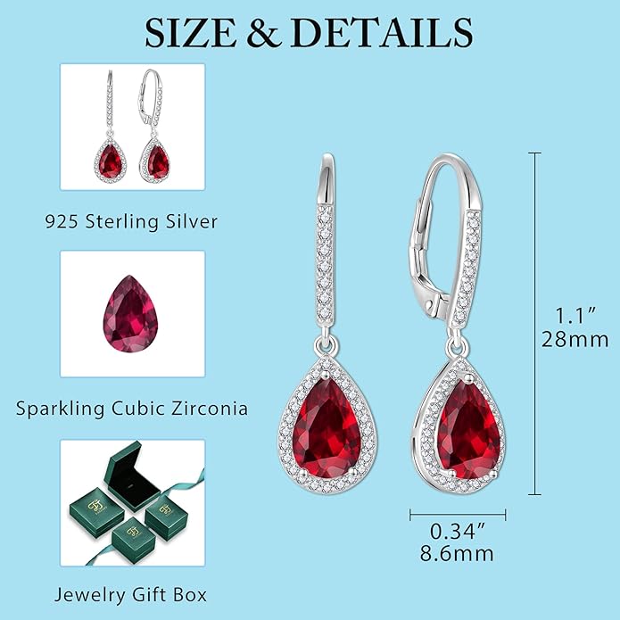 FJ Teardrop Dangle Drop Earrings 925 Sterling Silver Halo Leverback Earrings Birthstone Jewelry Gifts for Women FJ