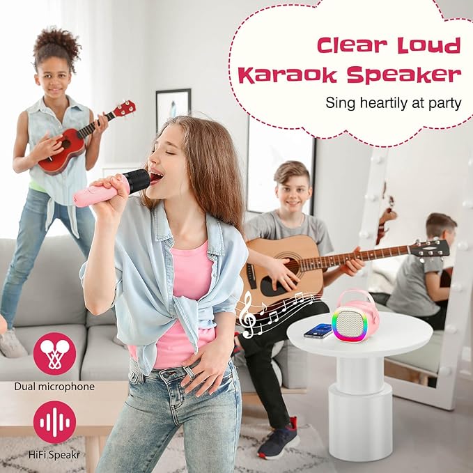 LENRUE Karaoke Machine for Kids, Birthday Gifts for Girls Boys Teens with Wireless Microphone, Colored Lights, Trendy Stuff Gifts for 3, 4, 5, 6, 7, 8, 9, 10 +Year Old (ProPink 2Mic) LENRUE