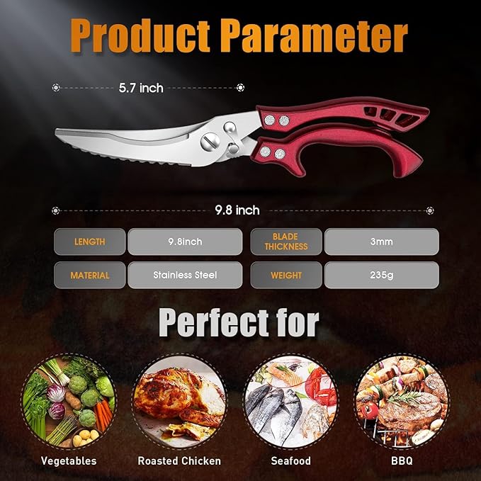 Poultry Shears, Red Heavy Duty Kitchen Shears with Serrated Edge, No Rust Spring Loaded, Multipurpose Stainless Steel Kitchen Scissors for Chicken Meat, Turkey, Fish, Christmas Gifts for Men Women DreamReach