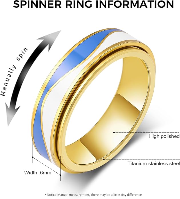 OreilleStar Fidget Anxiety Relief Ring for Women: Blue Sky and White Cloud Stripes Outer Band Fidget Toys Adults Stainless Steel Spinner Thumb Rings for Men Silver Gold Plated Size 5-10