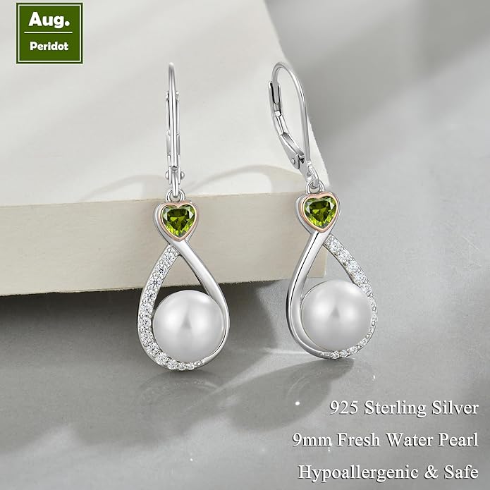 Heart Birthstone Pearl Earrings, 925 Sterling Silver Infinity Dangle Drop Leverback Earrings, 9mm Freshwater Cultured Pearl & 4mm Gemstone Jewelry Valentine's Day Gift for Women VESHONJEWELRY