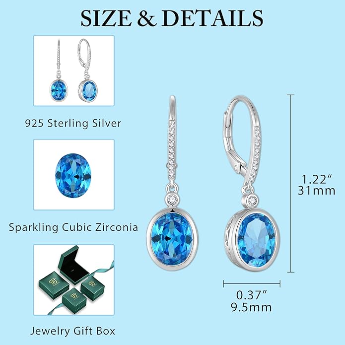 FJ Oval Cut Dangle Drop Earrings 925 Sterling Silver Leverback Earrings Birthstone Jewelry Gifts for Women FJ