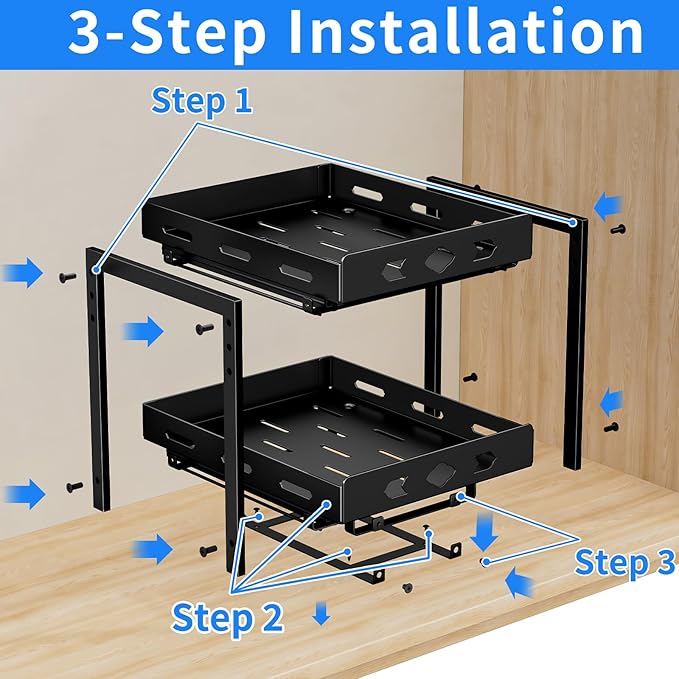 Pull Out Spice Racks for Inside Cabinets, 2-Tier Cabinet Spice Rack, Height Adjustable Spice Rack Organizer for Cabinet, Kitchen Vertical Spice Rack (9.7''Wx10.8''Dx9.2''H, Metal Black) BOIVSHI