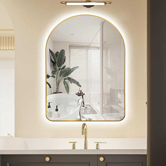 Niccy Arched LED Lighted Bathroom Mirror, 40x30 Inch Backlit Vanity Bathroom Mirror with Lights Brushed Gold Framed Wall Mounted Mirrors with 3 Color Shatterproof Arch Smart Fog Free Mirror Niccy