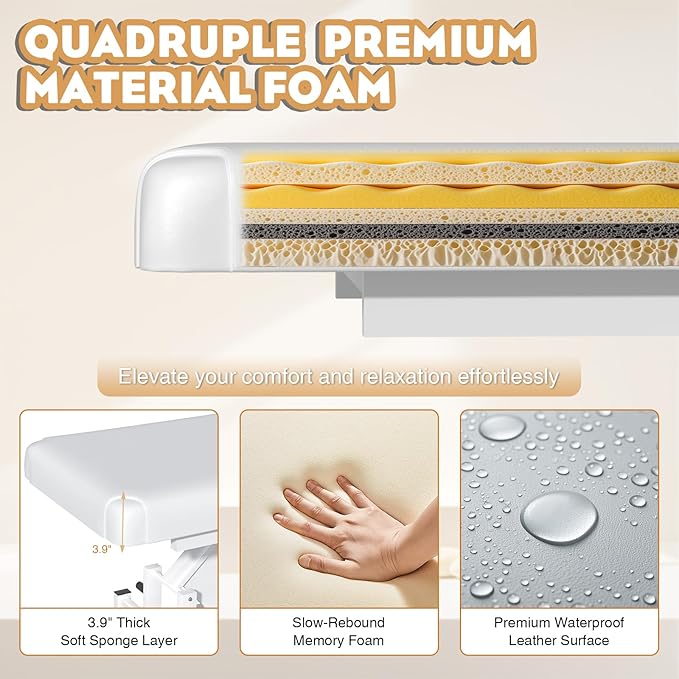 Stationary Massage Table with Memory Foam, Massage TattooTable with Adjustable Height, Facial Bed for Esthetician, PU Leather for Physical Therapy & Spa (Metal/ 2 Molds-White, 44.7''L x 22''W) Kick Boosters