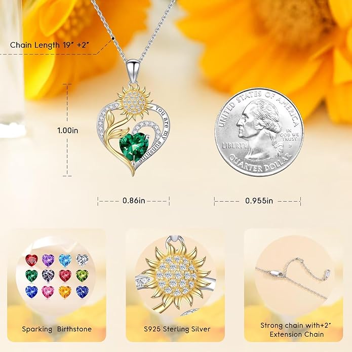 Iefil Christmas Gifts for Women Wife - Sunflower Birthstone Necklace for Women, Anniversary Birthday Gifts 925 Sterling Silver Heart Pendant You Are My Sunshine Jewelry for Girlfriend Mom Daughter IEFIL