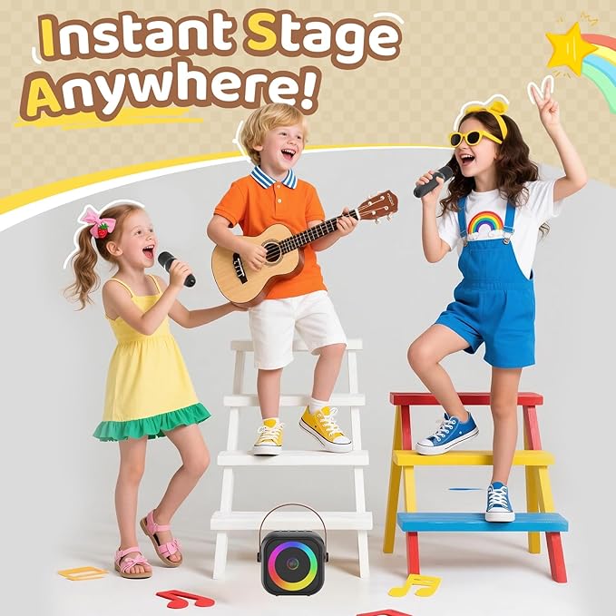Mini Karaoke Machine, Portable Bluetooth Karaoke Speaker with 2 Wireless Microphones, Singing Machine with Party Lights for Kids and Adults, Birthday Gifts for Girls Boys Family Home Party Kick Boosters