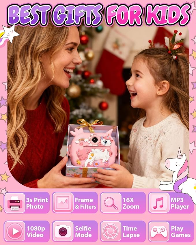 Kids Camera Instant Print, 1080P Kids Instant Cameras with Photo Printing and Fun Learning, Christmas Stuffers Birthday Gifts for Girls Age 3-12, Portable Toy for 3 4 5 6 7 8 9 10 Girls Boys, Pink Kick Boosters