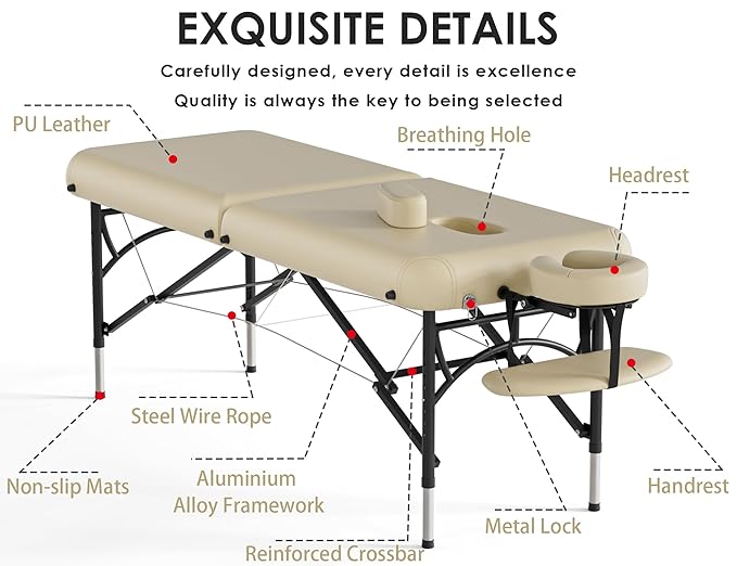 CLORIS 84" Professional Massage Table Portable 2 Folding Lightweight Facial Salon Spa Tattoo Bed Height Adjustable with Carrying Bag & Aluminium Leg Hold Up to 1100LBS Cream CLORIS-Direct