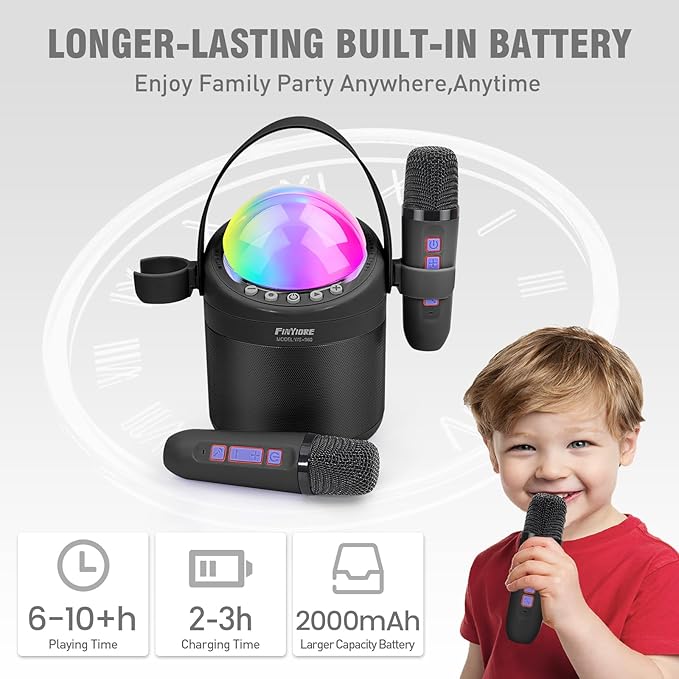 Karaoke Machine for Kids Portable Bluetooth Speaker with 2 Wireless Microphone 24 Pre-Loaded Nursery Rhymes Robot Kids Christmas Birthday Gifts for Girls Boys Ages 2,3,4,5,6,7,8,9,10,11,12 +Year Old FINYIORE