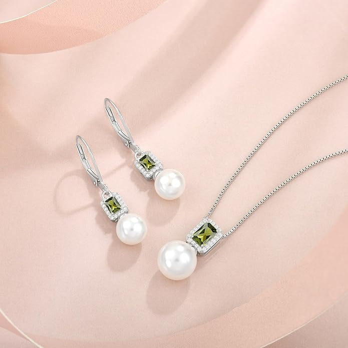 Pearl Drop Earrings Dangling 925 Sterling Silver Emerald Cut Leverback Earrings Birthstone Jewelry for Women INPASNE