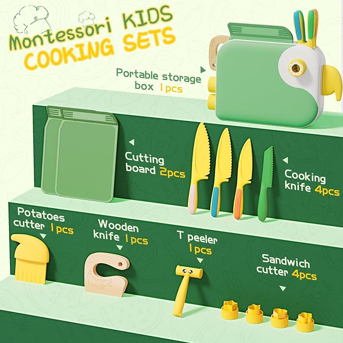 Montessori Kitchen Tools for Toddlers,Kids Knife for Real Cooking,Toddlers Knife Set with Storage Box Kids Safe Knives Children Cutting Set for Girl Boy,Montessori Toys for Kitchen Set -Green Lullulii