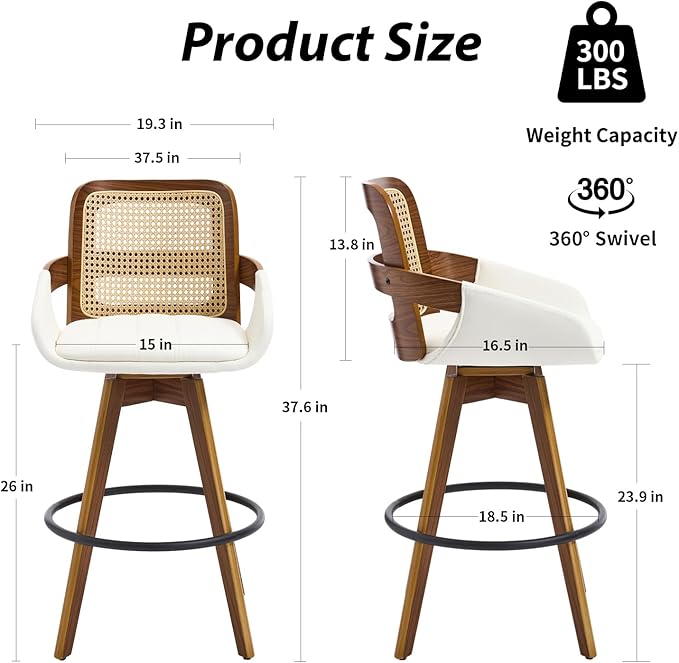 Swivel Bar Stools Set of 2, Faux Leather Counter Height Bar Stools with Arms and Rattan Back, 26" Seat Height Upholstered Bar Chairs with Bentwood Frame for Kitchen Island Bar - Beige VipDesk