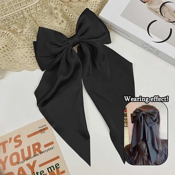 Large Blcak Satin Hair Bows Hair Ribbon Barrettes Cute for Girls with Long Tails Women's Hair Accessories Gifts (black) Egowry
