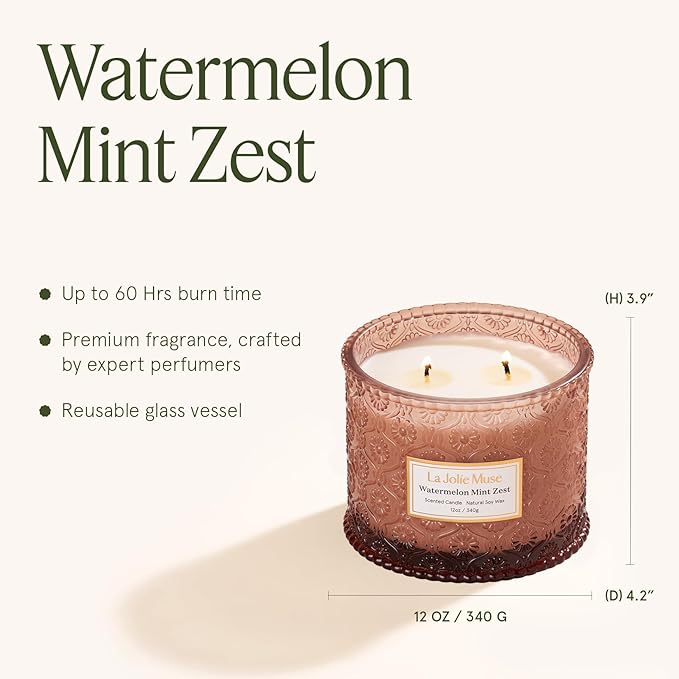 LA JOLIE MUSE Watermelon Mint Zest Candle - Eucalyptus, Sage, Lavender | 12 oz Large 2-Wick Soy Wax Candle | 60 Hours Clean Burn | Gift-Ready for Hosts & Gatherings | Elegant Home Décor LaJol%C3%ADeMuse